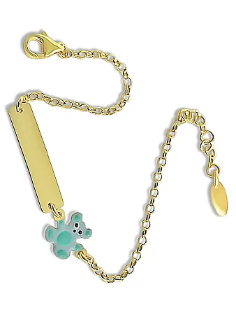 Βραχιόλι ,ασημένιο, παιδικό, για αγόρια, ταυτότητα, με σμάλτο διπλής όψης & σχέδιο αρκουδάκι σε γαλάζιο χρώμα, με κίτρινο επιχρύσωμα, 0230419202,